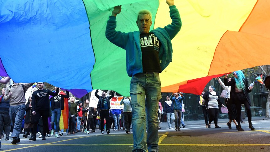 Demonstrators march through the streets of Sydney for marriage equality
