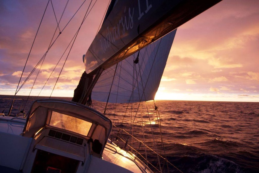 View from yacht at sea towards horizon.