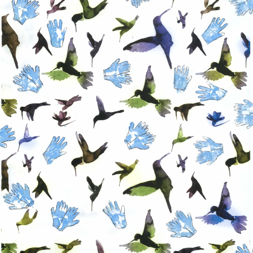 A drawing of tiny birds and gloves arranged in a repeated pattern design