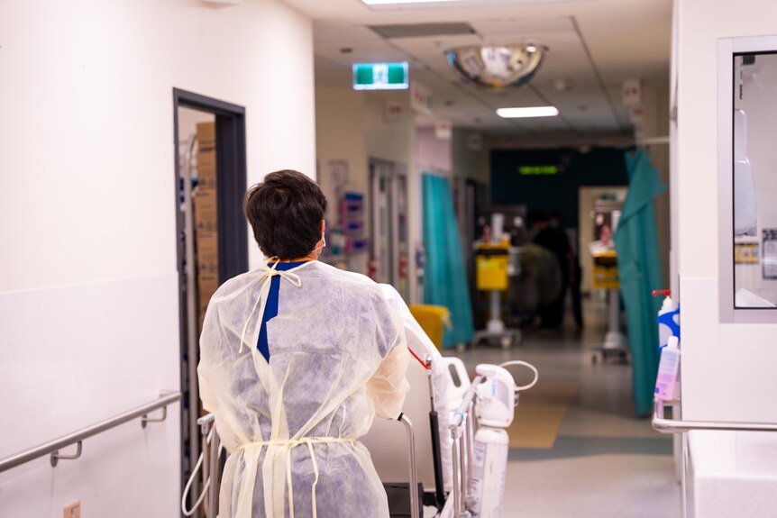 A nurse dressed in a pale yellow PPE gown is pictured from behind pushing a bed through the corridor of the Alfred Hospital.