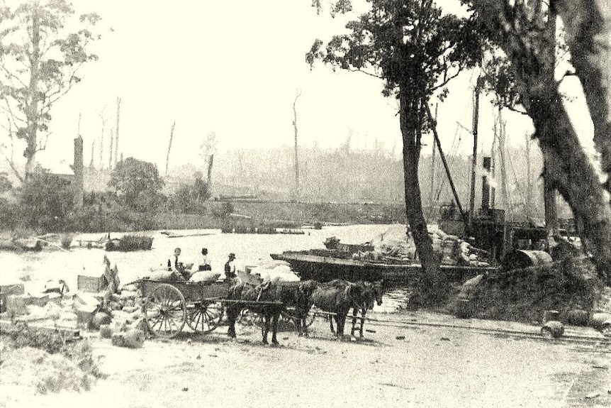 A black and white image showing an old river wharf, with a horse and cart standing near the bank.