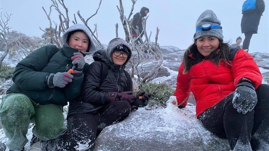 A group of hikers in a snowdrift on a hill