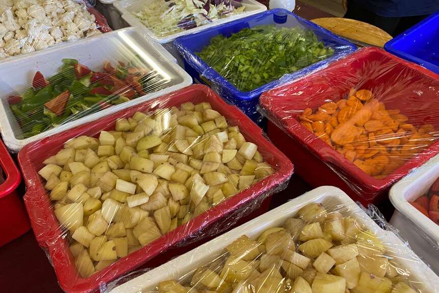 Chopped vegetables including potatoes, carrots, cauliflower and others in containers covered in cling wrap. 