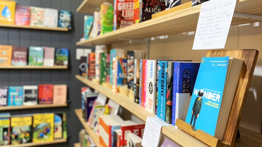 Bookshelves lining a wall, the books closest to the right hand side are in focus