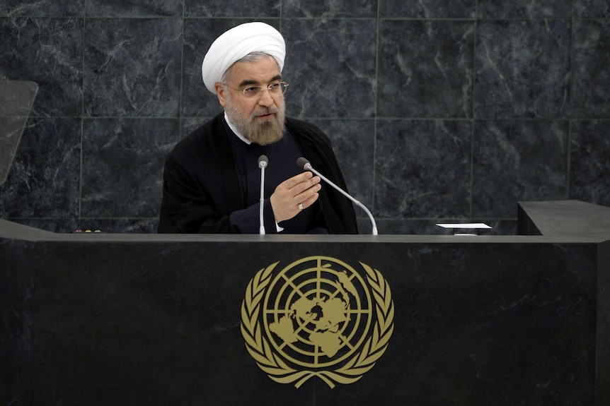 Hassan Rouhani speaks at the UN General Assembly in New York City.