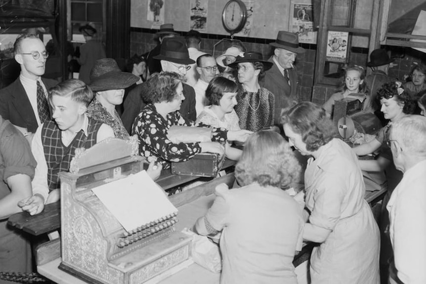 People in Melbourne buying extra supplies of meat to try and beat rationing, photographed 14 January, 1944.