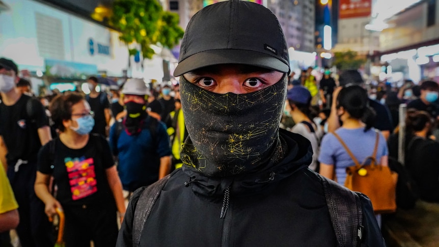 A Hong Kong protester with a bandana