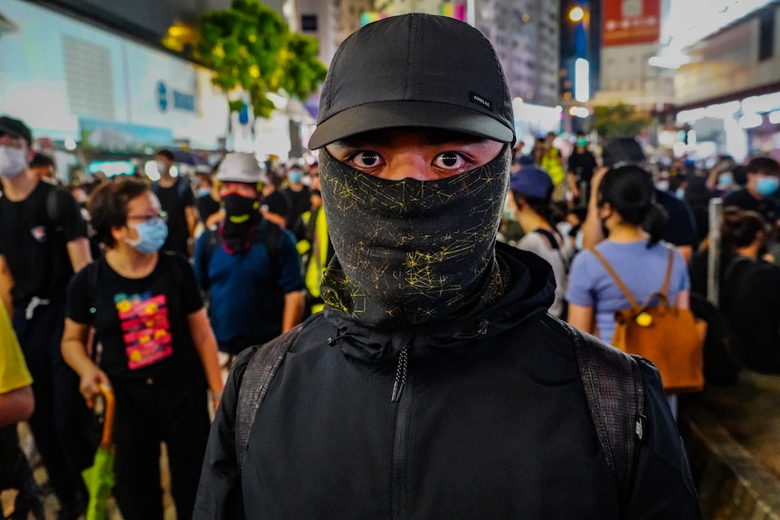 A Hong Kong protester with a bandana