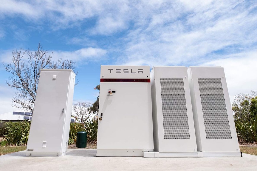 A Tesla battery standing on a streetside kerb.