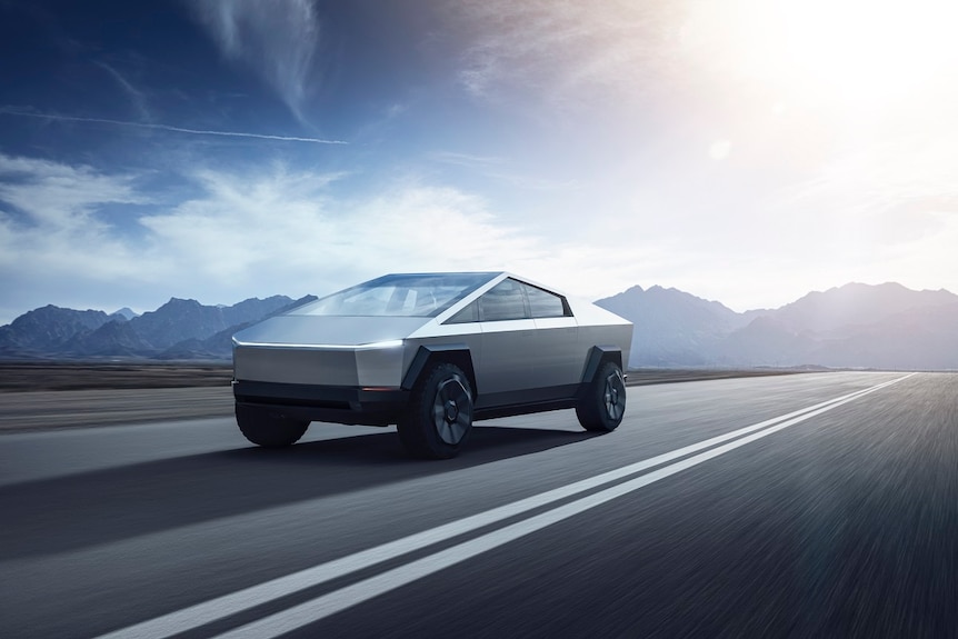 Promotional image provided by Tesla shows Cybertruck speeding down a highway.