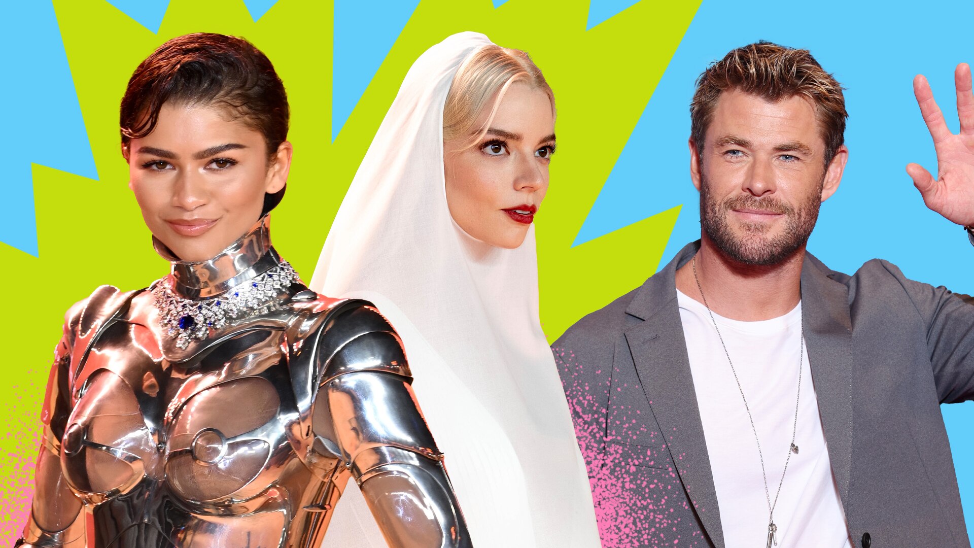 Zendaya, left, wears robotic couture and smizes with Anya, centre in a flowing white headpiece, and Chris, right, in a grey suit