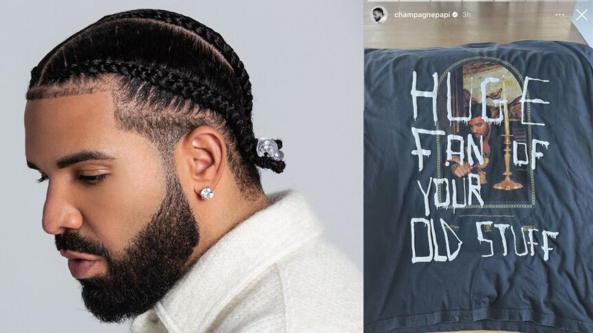 A two-panel image of Drake and an image of merch from his Instagram