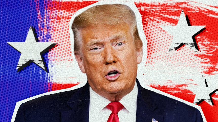 A graphic of US President Donald Trump in front of a blue and red background.