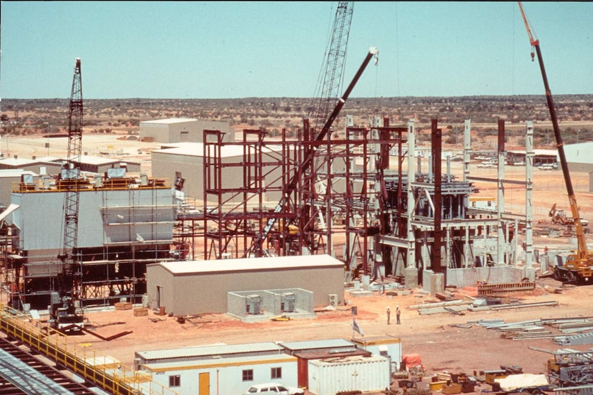 Four cranes lift metal structures into place as a red desert covered in small trees extends in the background.