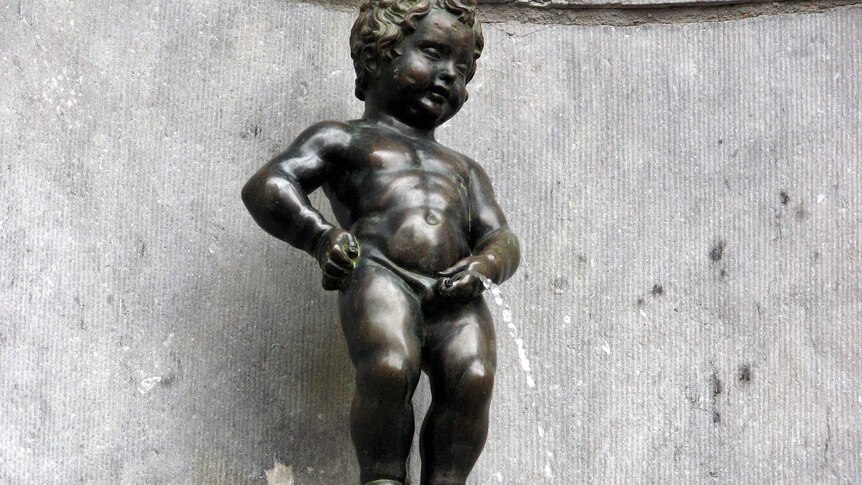 You see an old bronze statue of a little boy pissing atop a granite plinth. 