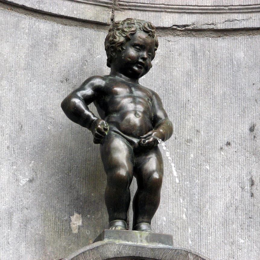 You see an old bronze statue of a little boy pissing atop a granite plinth. 