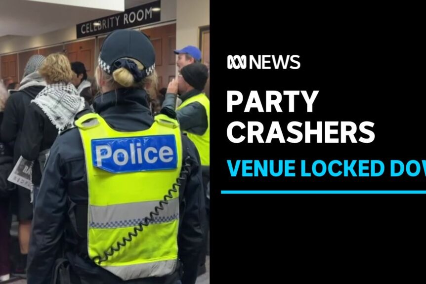 Party Crashers, Venue Locked Down: Police officers corale protesters.