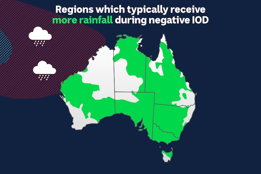 A map indicating regions which typically receive more rainfall during negative IOD