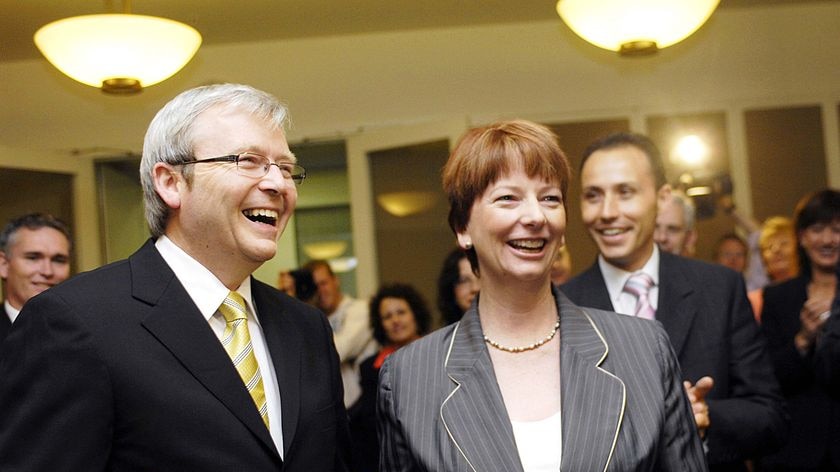 Kevin Rudd, seen here with Julia Gillard before the Caucus meeting, has named his frontbench.