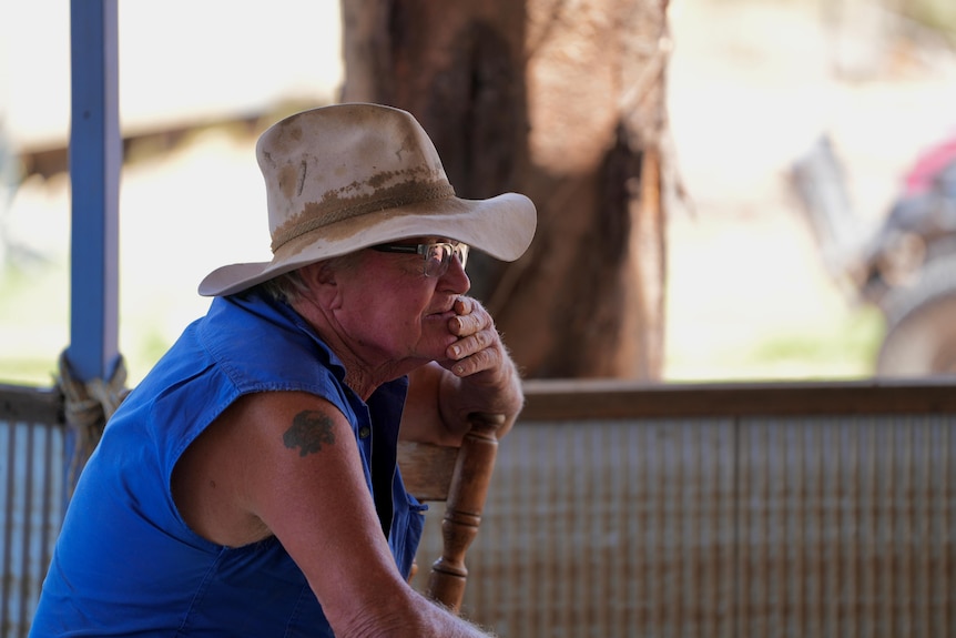 An old white man in a blue sleeveless shirt with a wide brimmed hat and glasses staring in the distance. 