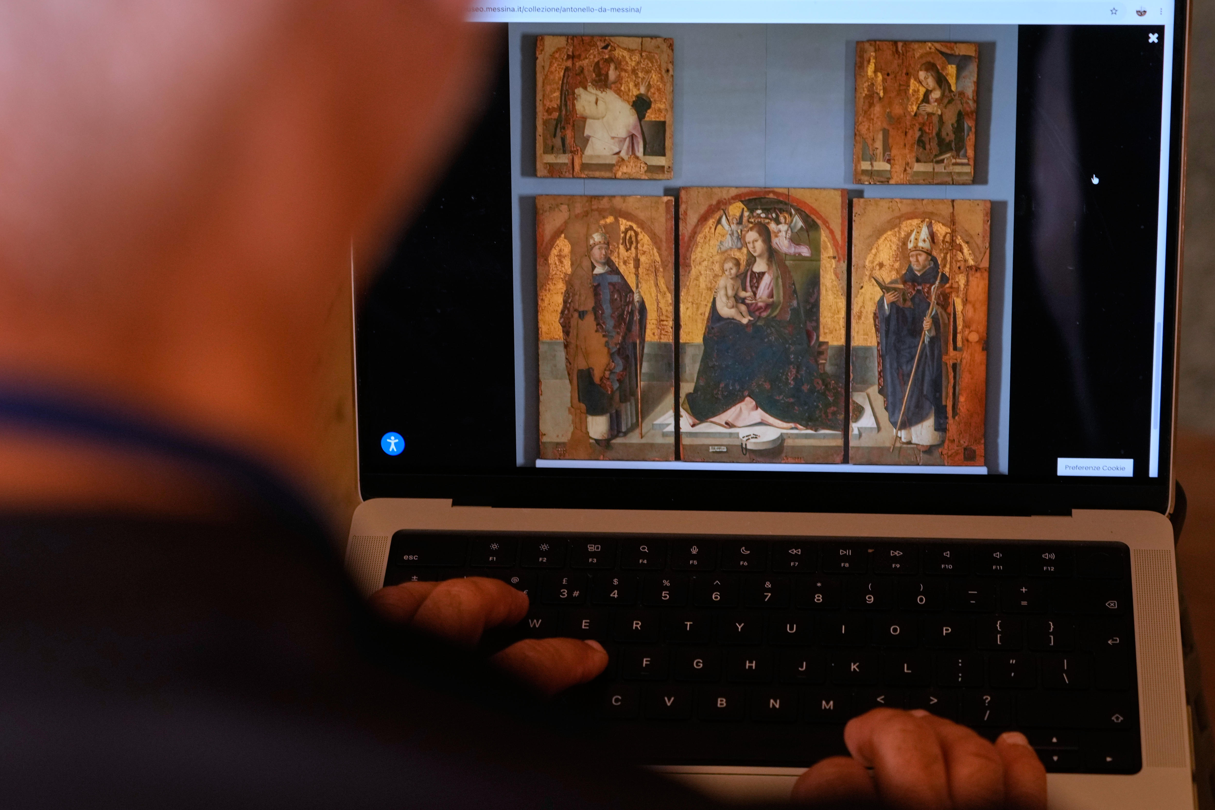 A shot over the shoulder of a person browsing messina's artwork on a laptop.