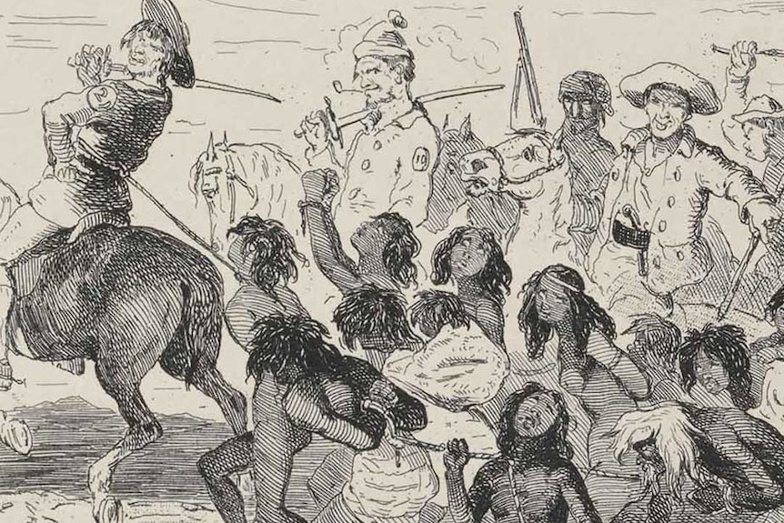 An 1800s illustration of men on horses pulling a group of tied-up Indigenous people. 