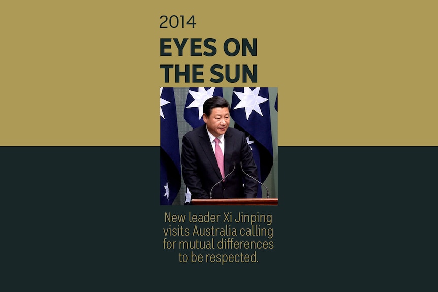 An image of Xi Jinping addressing parliament during his visit to Australia. Text reads 2014, Eyes On The Sun.