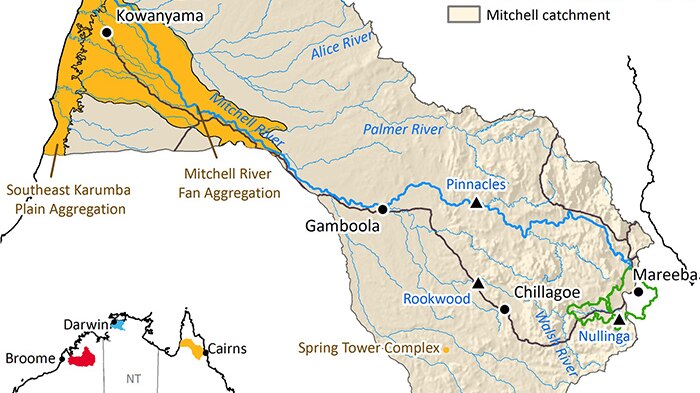 Graphic map showing location of proposed dams in Mitchell River catchment in far north Queensland