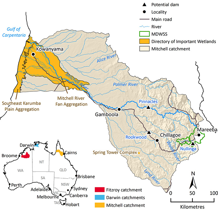 Graphic map showing location of proposed dams in Mitchell River catchment in far north Queensland