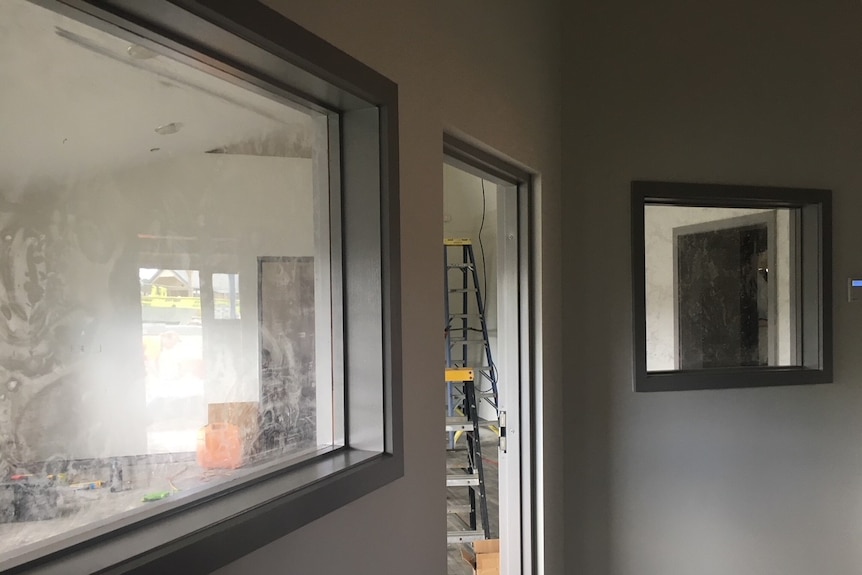 Pespex windows in a  house, with a ladder through a doorway.