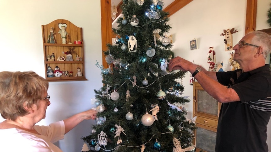 Dave and Denise Harris decorating their main Christmas tree.