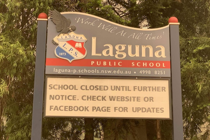 A sign saying Laguna Public School, which is under emergency level, is closed.