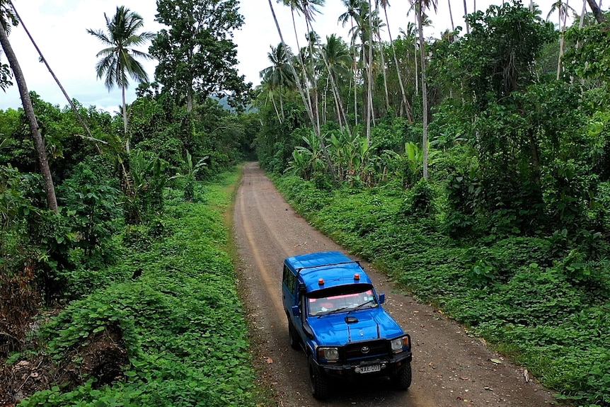 A blue four-wheel-drive drives down a dirt road through thick rainforest and palm trees.