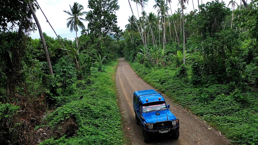A blue four-wheel-drive drives down a dirt road through thick rainforest and palm trees.