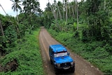 A blue four-wheel-drive drives down a dirt road through thick rainforest and palm trees.