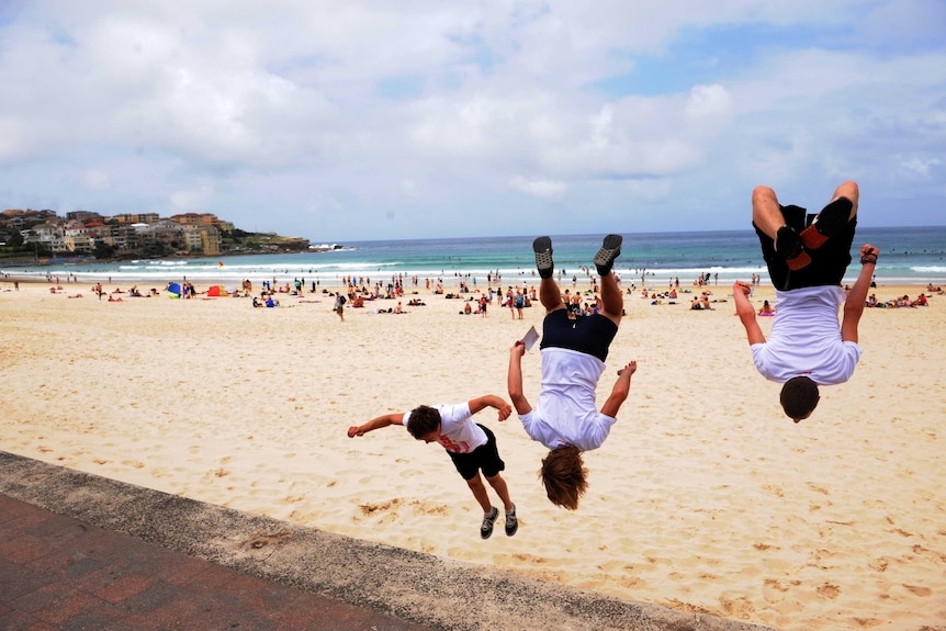 The man flip on Bondi Beach.