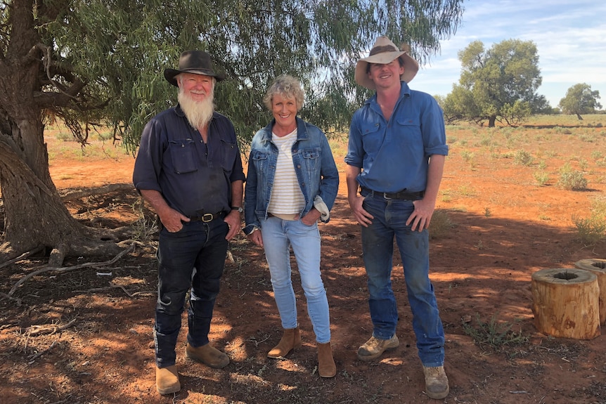 Two men and one woman standing in a red dirt hay field underneath a tree, smiling. 