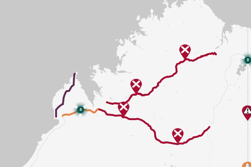 A map showing the length of road closures in the Kimberley