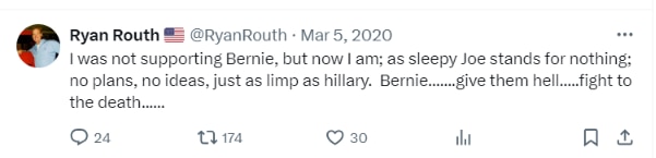 "I was not supporting Bernie, but now I am; as slepy Joe stands for nothing ..."