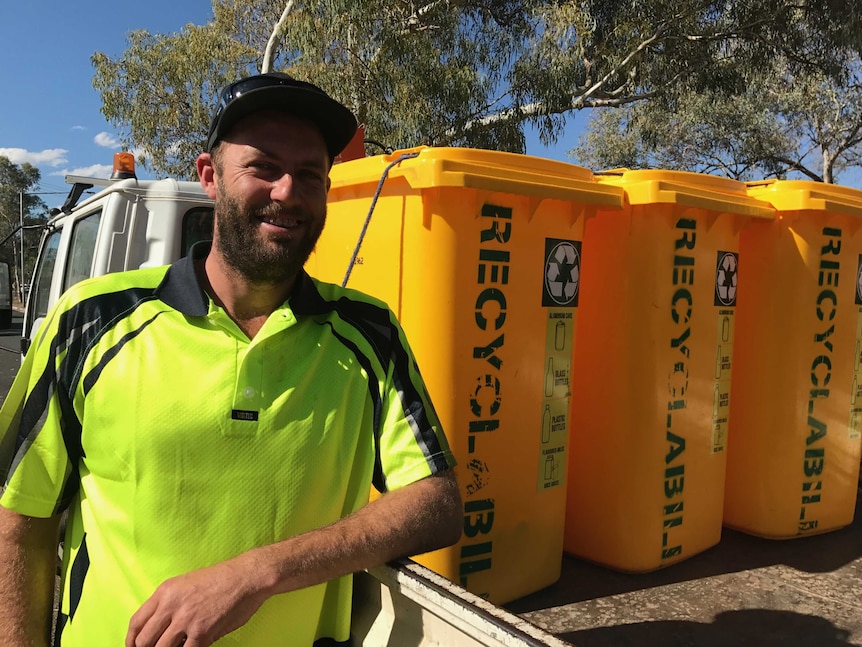 'Recycle Bill' next to some recycling bins in Alice Springs