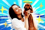Woman holding up sausage dog with colourful illustrated background in a dog quiz.