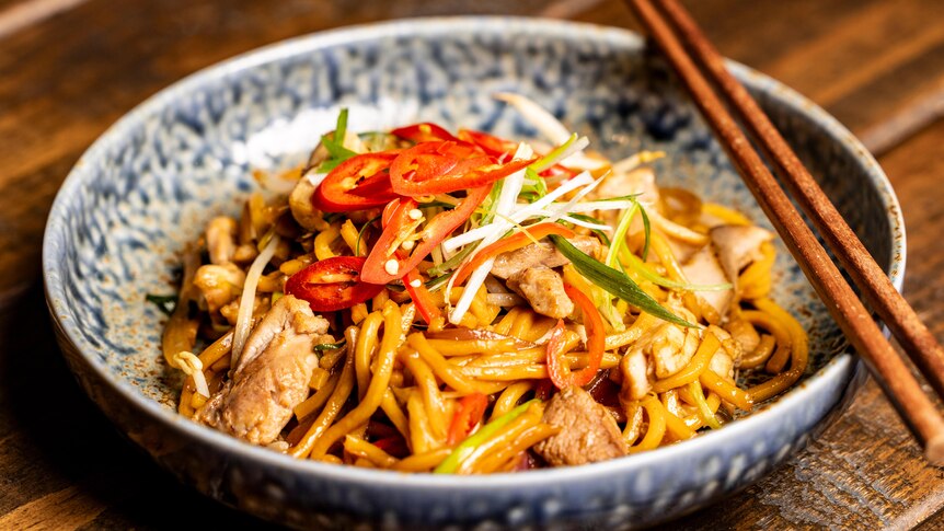 Dish of Kylie Kwong's stir-fried hokkein noodles with chicken and chilli