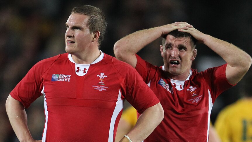 Dejected ... Gethin Jenkins and Huw Bennett look on after missing out on third place.