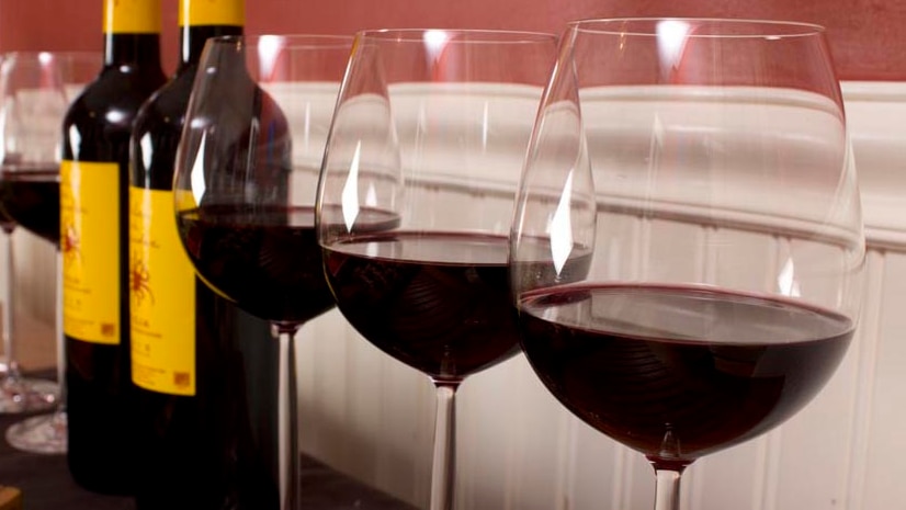 Wine glasses and wine bottles sitting on a table