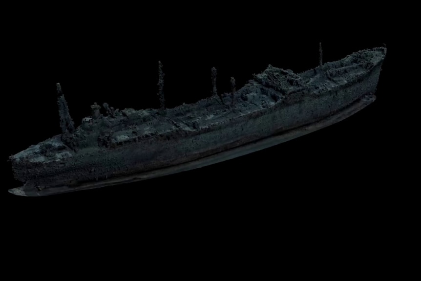 A computer graphic rendering of a wrecked World War II battleship.