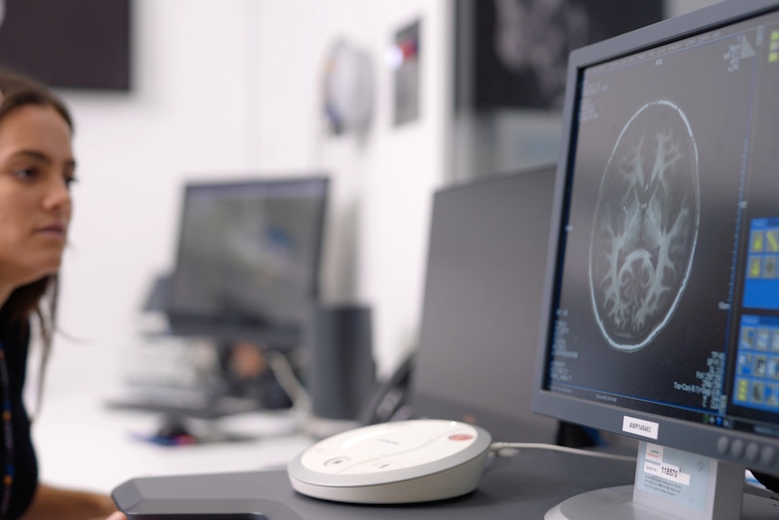 A man and woman look at a computer screen with the image of a brain