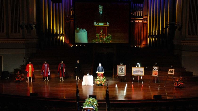 Prime Minister Kevin Rudd speaks at the funeral service for former Brisbane lord mayor, Clem Jones
