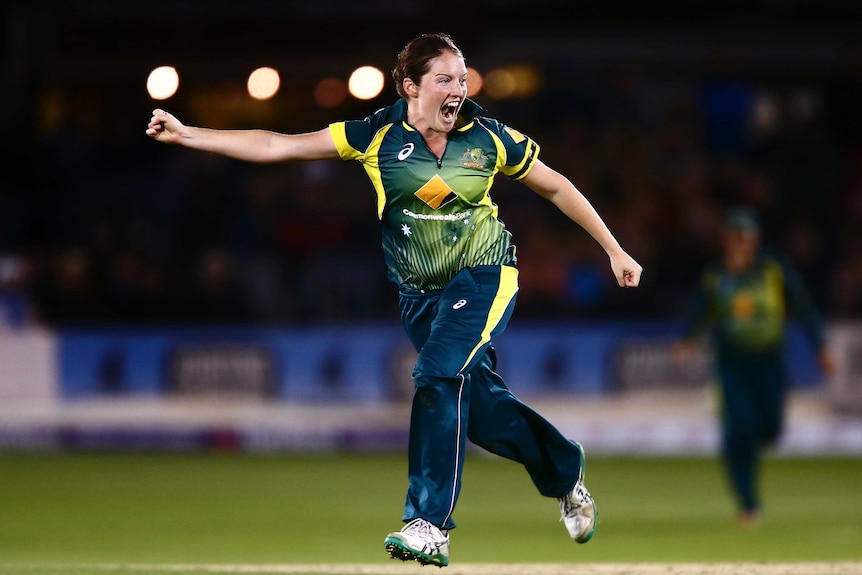 Rene Farrell of Australia celebrates after getting the wicket of Lydia Greenway of England to win the Ashes