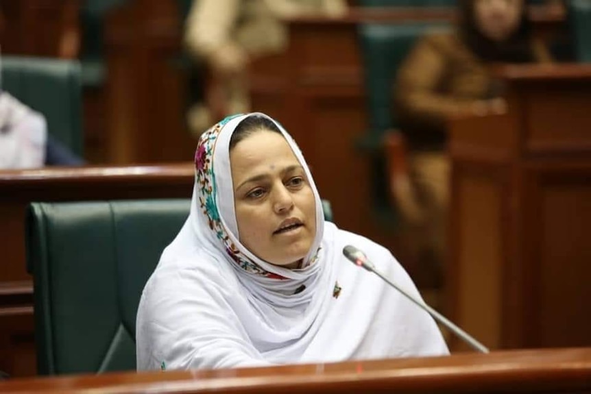 A woman speaks in a parliamentary chamber.