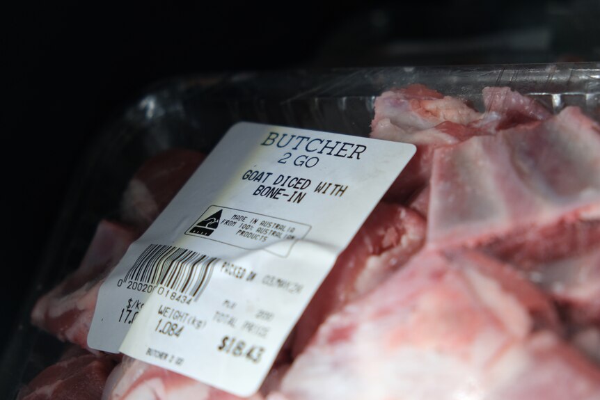 Diced goat meat in packaging in fridge